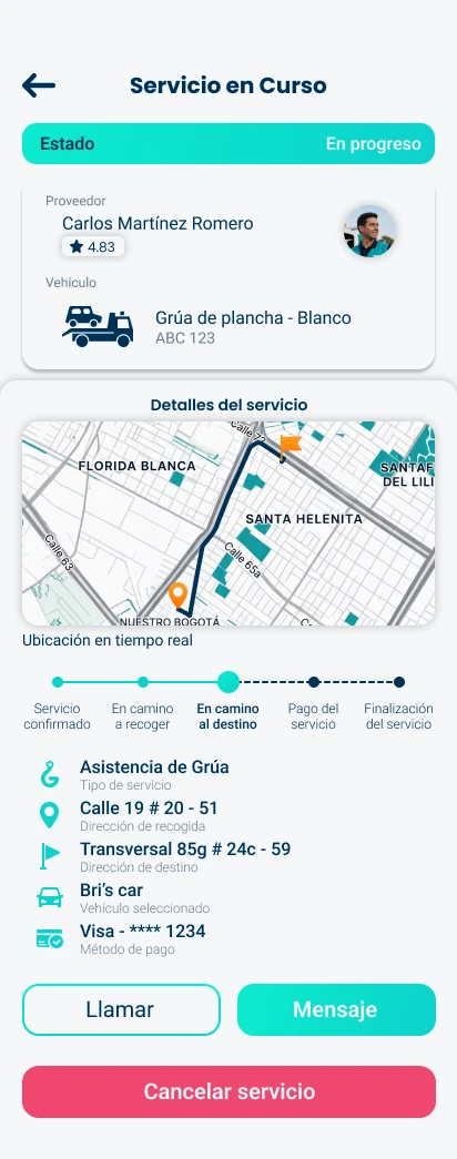 Pantalla Servicio en curso: conductor verificado con su calificación, vehículo, mapa en tiempo real y estado del servicio