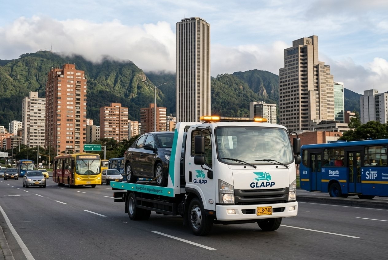 Grúa de plataforma GLAPP blanca transportando un sedán por una avenida de Bogotá, con los cerros y el centro internacional al fondo