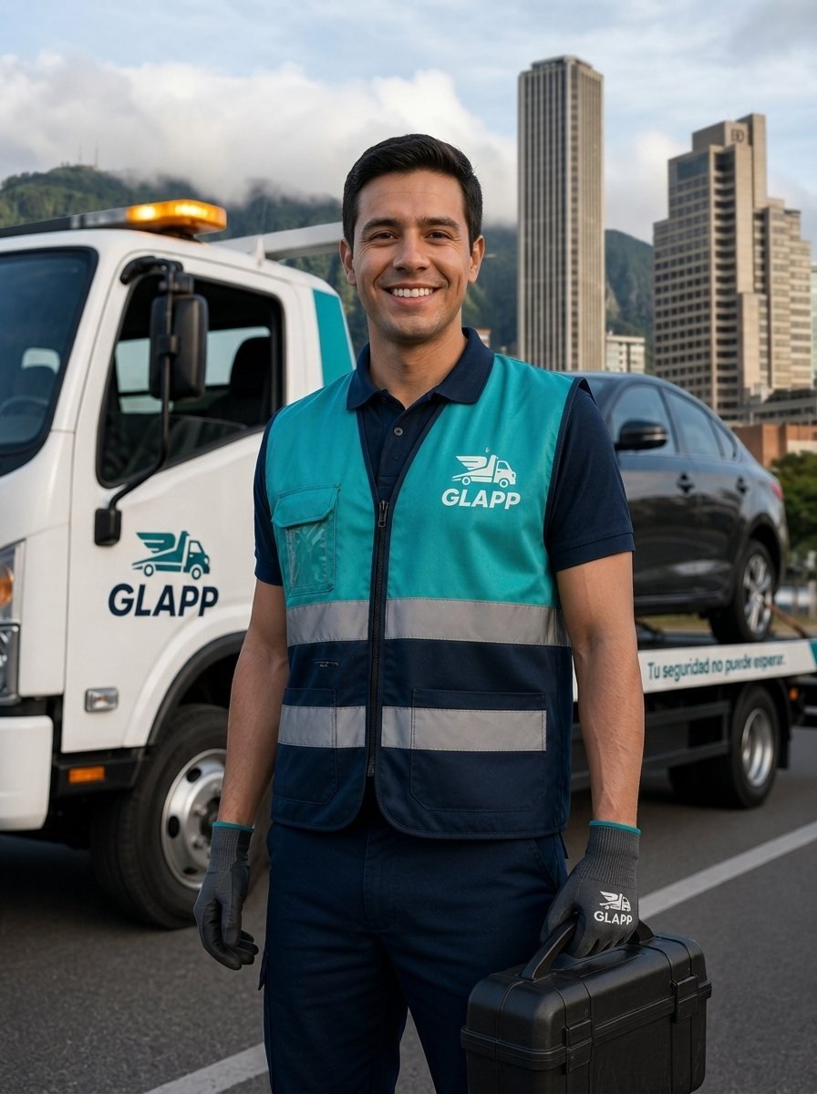 Conductor GLAPP sonriendo, con chaleco reflectivo de marca, guantes y maletín de herramientas, frente a la grúa y con Bogotá de fondo